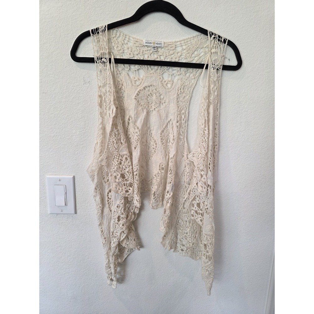 WovenHeart Floral Crochet Lace OpenFront Vest Ivory OS Boho Rodeo Prairie Cotton